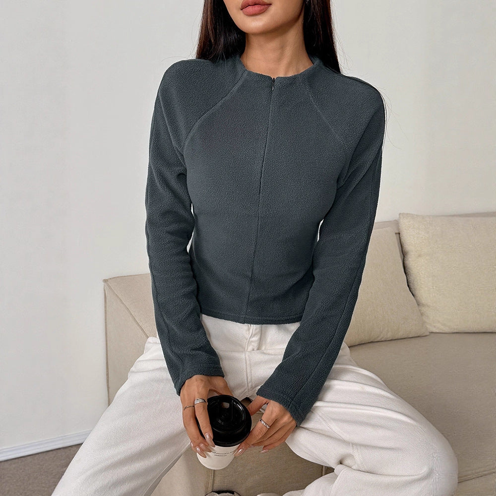 Damen sportlicher Fleece-Oberteil mit Stehkragen und Reißverschluss R&B