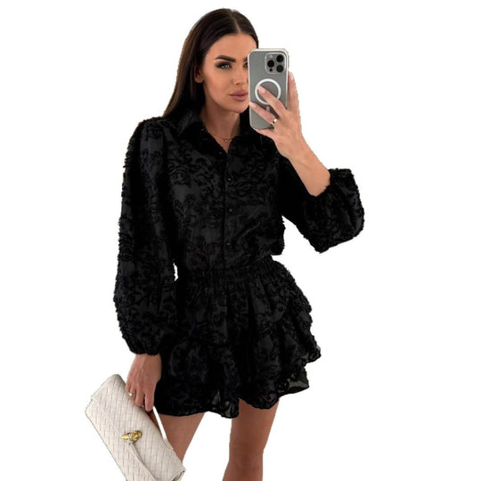 Damen Blusen-Kleid mit floraler Spitze und schwingendem Rock R&B
