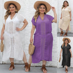 Damen eleganter Maxi-Kaftan mit großzügigem V-Ausschnitt und filigranen Häkelakzenten R&B