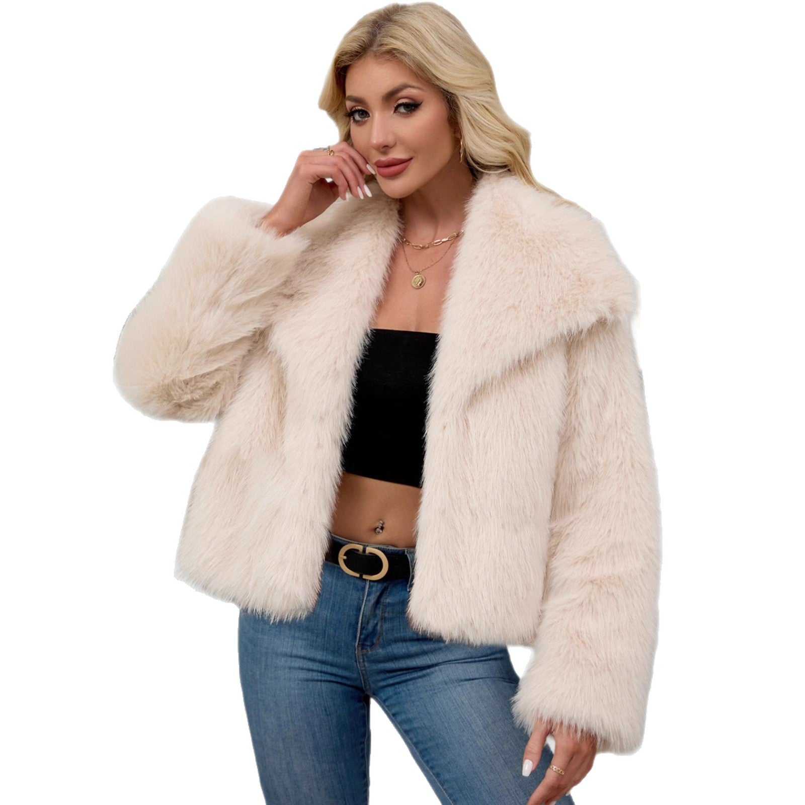 Damen Flauschige Kunstpelzjacke mit oversized Schnitt und voluminösen Ärmeln R&B