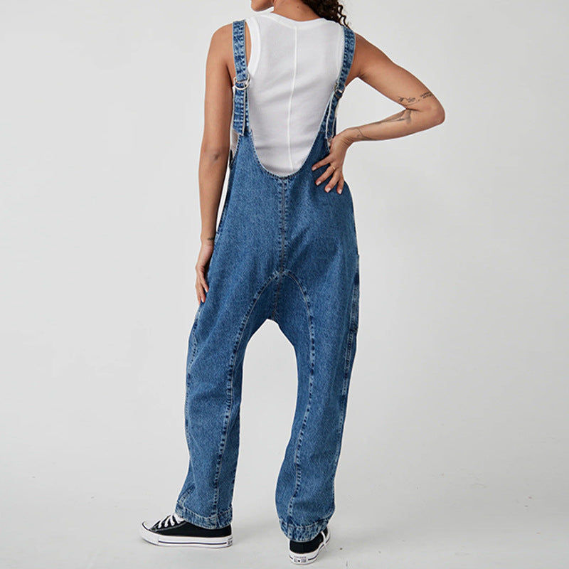 Damen lässiger Jumpsuit mit tiefem Ausschnitt und praktischen Taschen R&B