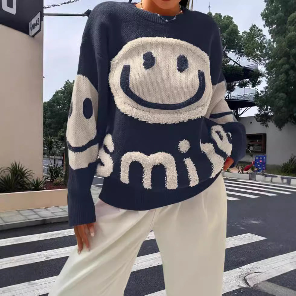 Damen Strickpullover mit fröhlichem Emoji-Motiv und komfortablem Schnitt R&B