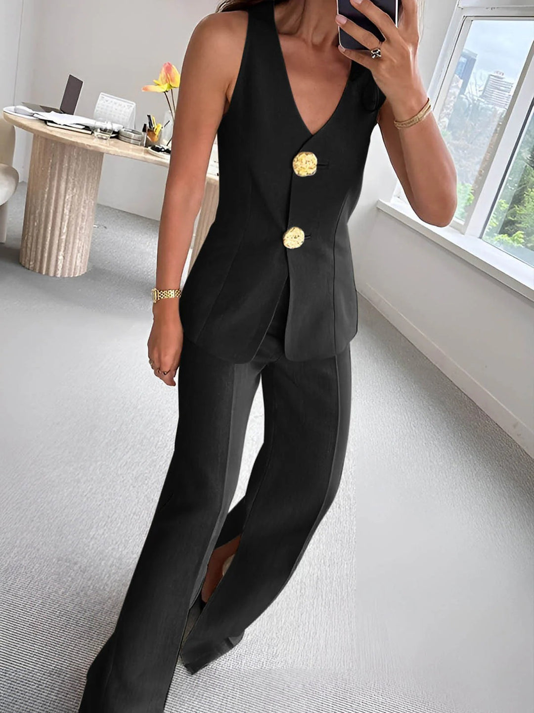 Damen elegantes Jumpsuit mit vordere Knopfleiste und weitem Bein R&B