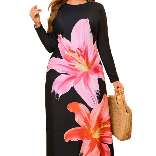 Damen Strandkleid mit langen Ärmeln und floralem Design R&B