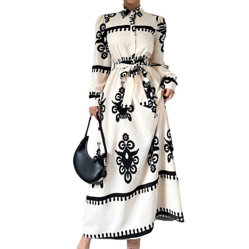 Damen Langarm-Maxikleid mit elegantem Knopfdesign und taillierbarem Gürtel R&B