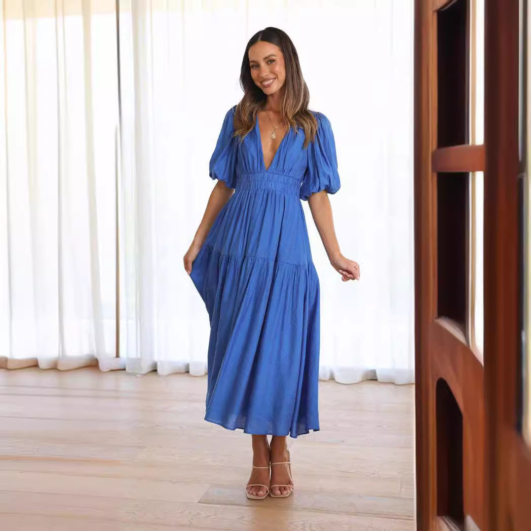 Damen Maxikleid mit weiten Puffärmeln und elastischem Taillenzug R&B