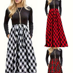 Damen Maxikleid mit modernem Karomuster und langen Ärmeln R&B