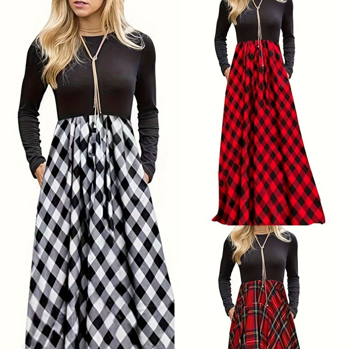 Damen Maxikleid mit modernem Karomuster und langen Ärmeln R&B