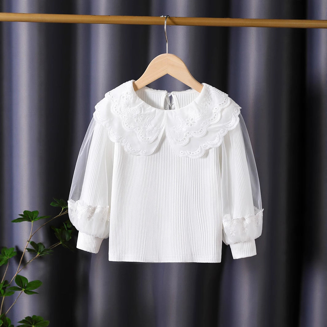 Mädchen modische Bluse mit elegantem Spitzenkragen und Tüllärmeln R&B