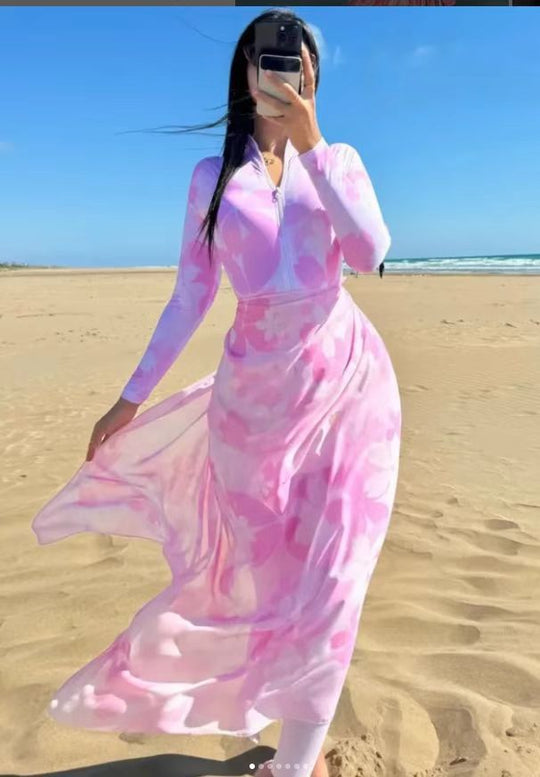 Damen Strandkleid mit Reißverschluss und langen Ärmeln R&B