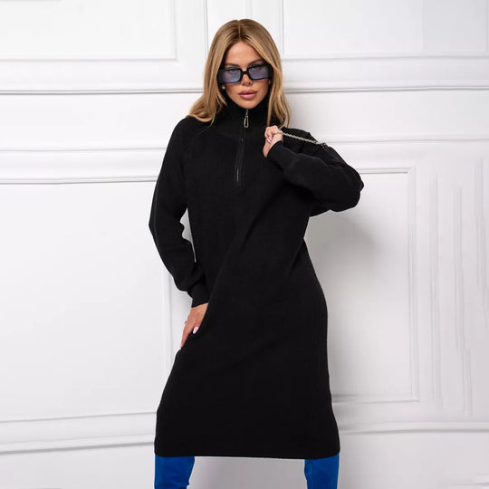 Damen Strickkleid mit Stehkragen und durchgehendem Reißverschluss R&B