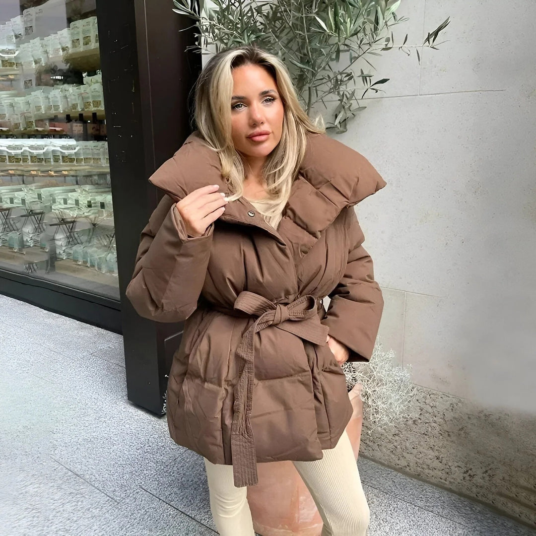 Damen Modische Daunenjacke mit breitem Kragen und taillierbarem Gürtel R&B