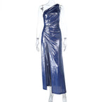 Damen Elegantes Maxikleid mit asymmetrischem Schnitt und glänzender Oberfläche R&B