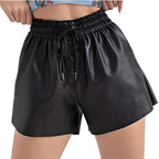 Damen lässige Shorts aus innovativem Kunstleder mit elastischem Bund und praktischen Knopfdetails R&B