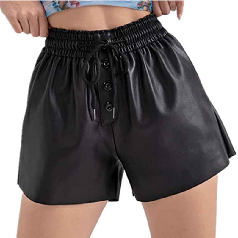 Damen lässige Shorts aus innovativem Kunstleder mit elastischem Bund und praktischen Knopfdetails R&B