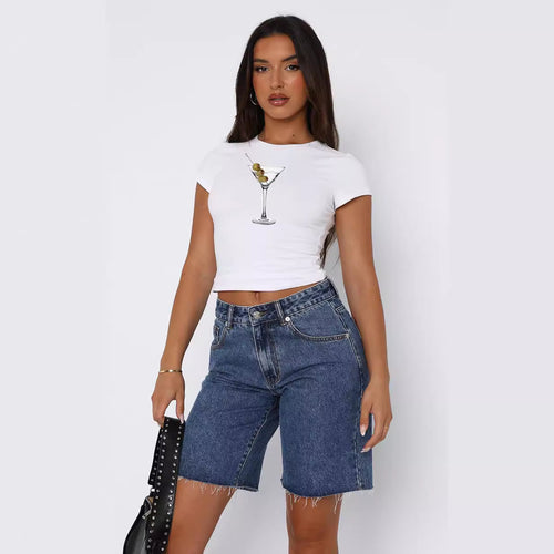 Damen Kurzarm Crop-Top mit fruchtigem Motiv und figurbetontem Schnitt R&B