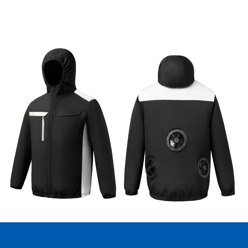 Herren nan belüftete Kühljacke mit mehreren integrierten USB-Lüftern, verstellbarer Kapuze und winddichtem Material R&B