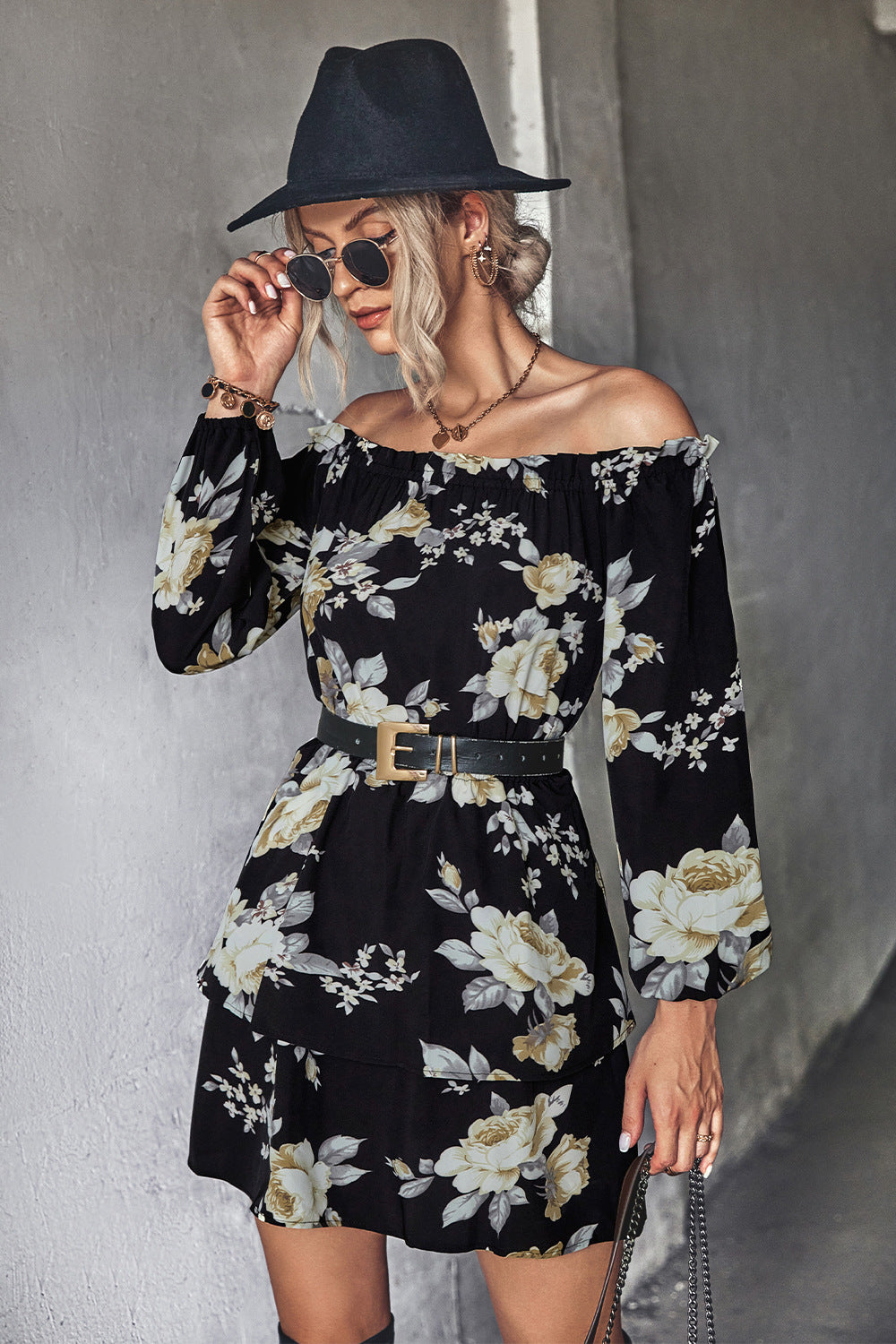 Damen Off-Shoulder Minikleid mit floralem Druck und Rüschensaum R&B