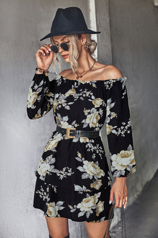 Damen Off-Shoulder Minikleid mit floralem Druck und Rüschensaum R&B