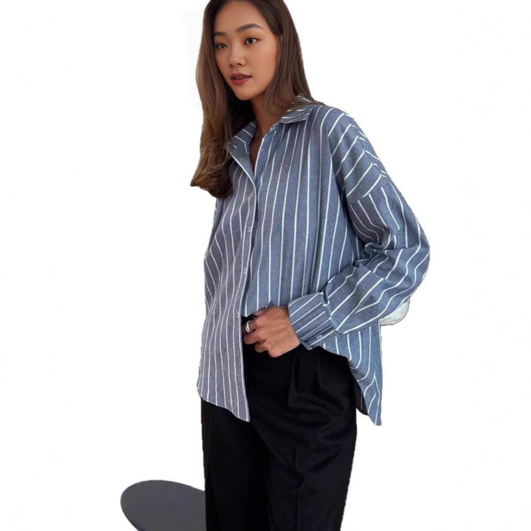 Damen lässige Baumwollbluse mit gestreiftem Design und lockerer Passform R&B