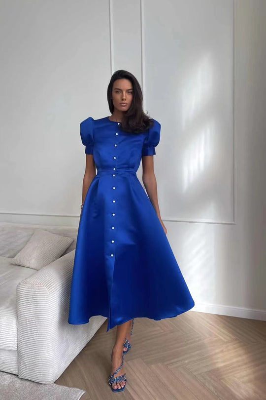 Damen Midi-Kleid mit Puffärmeln und schimmerndem Satin-Finish R&B