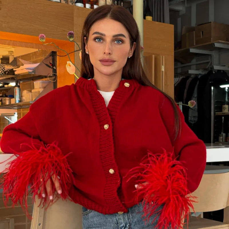 Damen Schicke Strickjacke mit auffälligen Federärmeln R&B