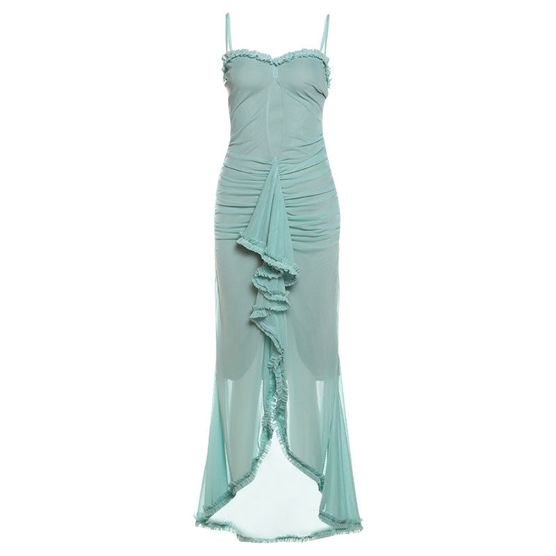 Damen Elegantes Maxikleid mit Rüschendetails und leicht transparentem Stoff R&B
