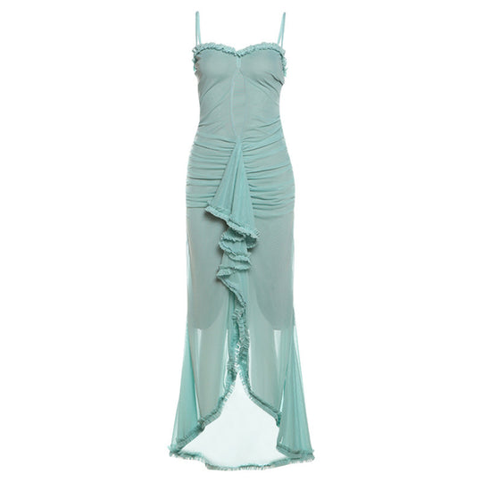 Damen Elegantes Maxikleid mit Rüschendetails und leicht transparentem Stoff R&B