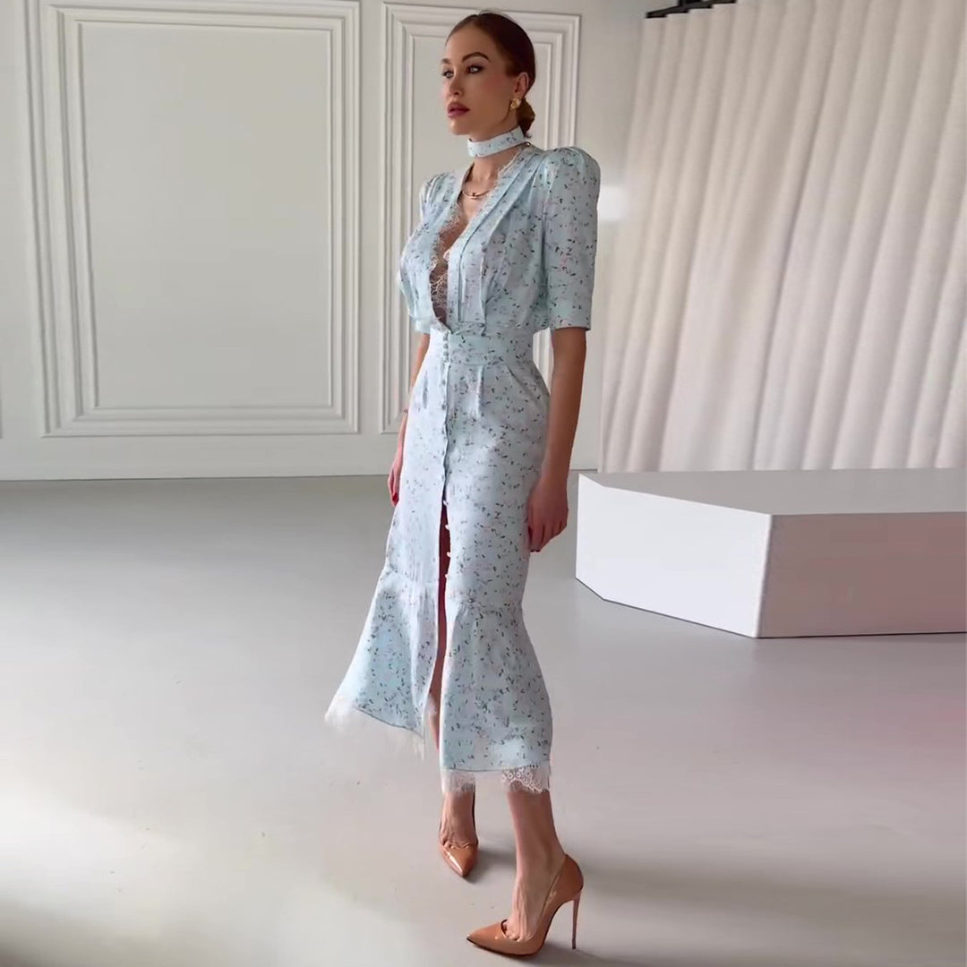 Damen Elegantes Midi-Kleid mit schimmerndem Chiffon und tiefem V-Ausschnitt R&B