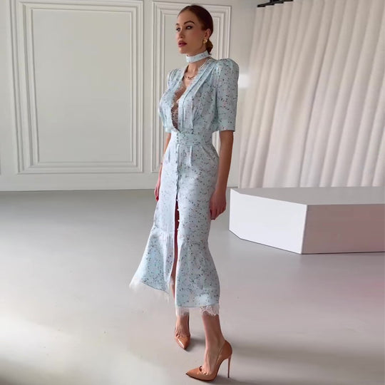 Damen Elegantes Midi-Kleid mit schimmerndem Chiffon und tiefem V-Ausschnitt R&B