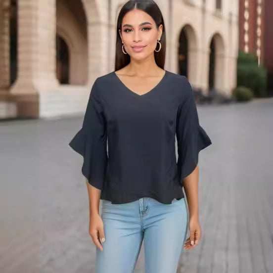 Damen Elegante Bluse mit Rüschendetails und tiefem V-Ausschnitt R&B