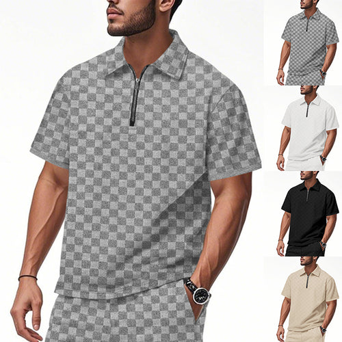 Herren nan kurzes Halbzip-Poloshirt aus strukturierter Waffelpiqué mit Hemdkragen und figurbetonter Passform R&B
