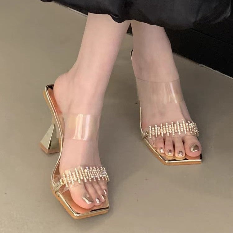 Damen elegante bequeme Sandalen mit transparentem Riemen und Perlenakzenten R&B