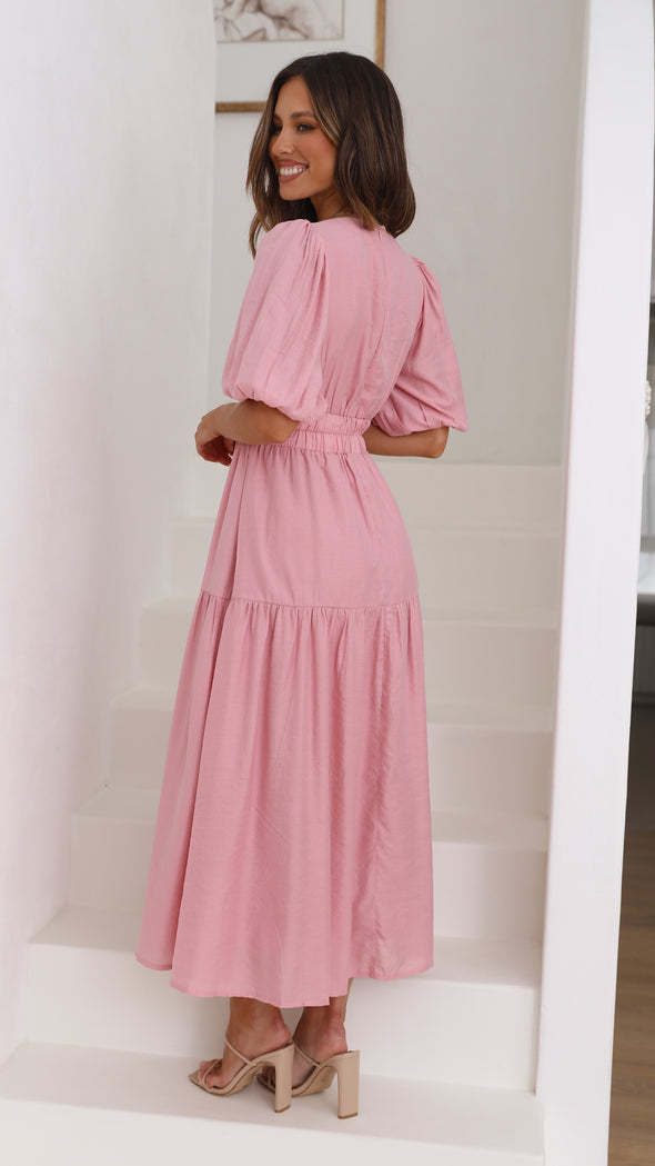 Damen Maxikleid mit weiten Puffärmeln und elastischem Taillenzug R&B