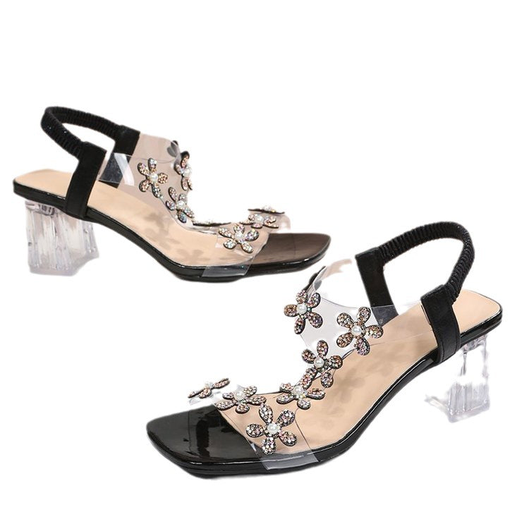 Damen Elegante Sandalen mit Blumenapplikationen und transparentem Absatz R&B
