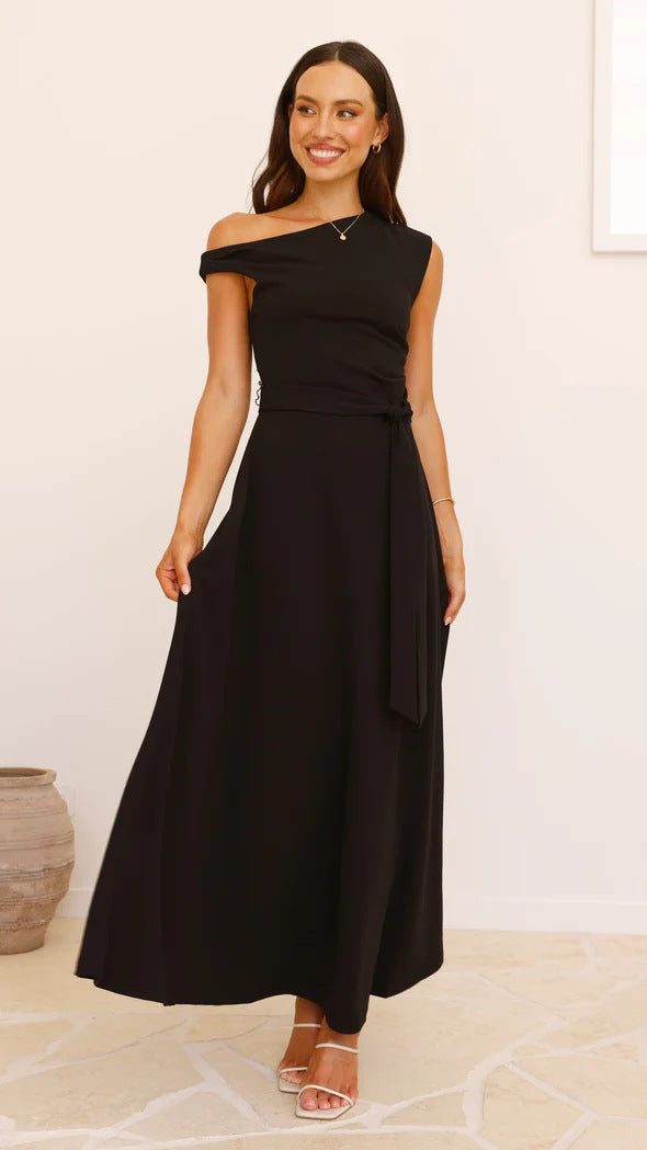 Damen Maxikleid mit schickem asymmetrischen Ausschnitt und eleganter Schleife R&B