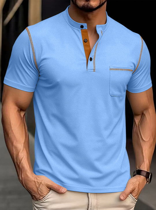 Herren nan modernes Kurzarm-Henley mit Stehkragen, Kontrastnähten und aufgesetzter Brusttasche R&B