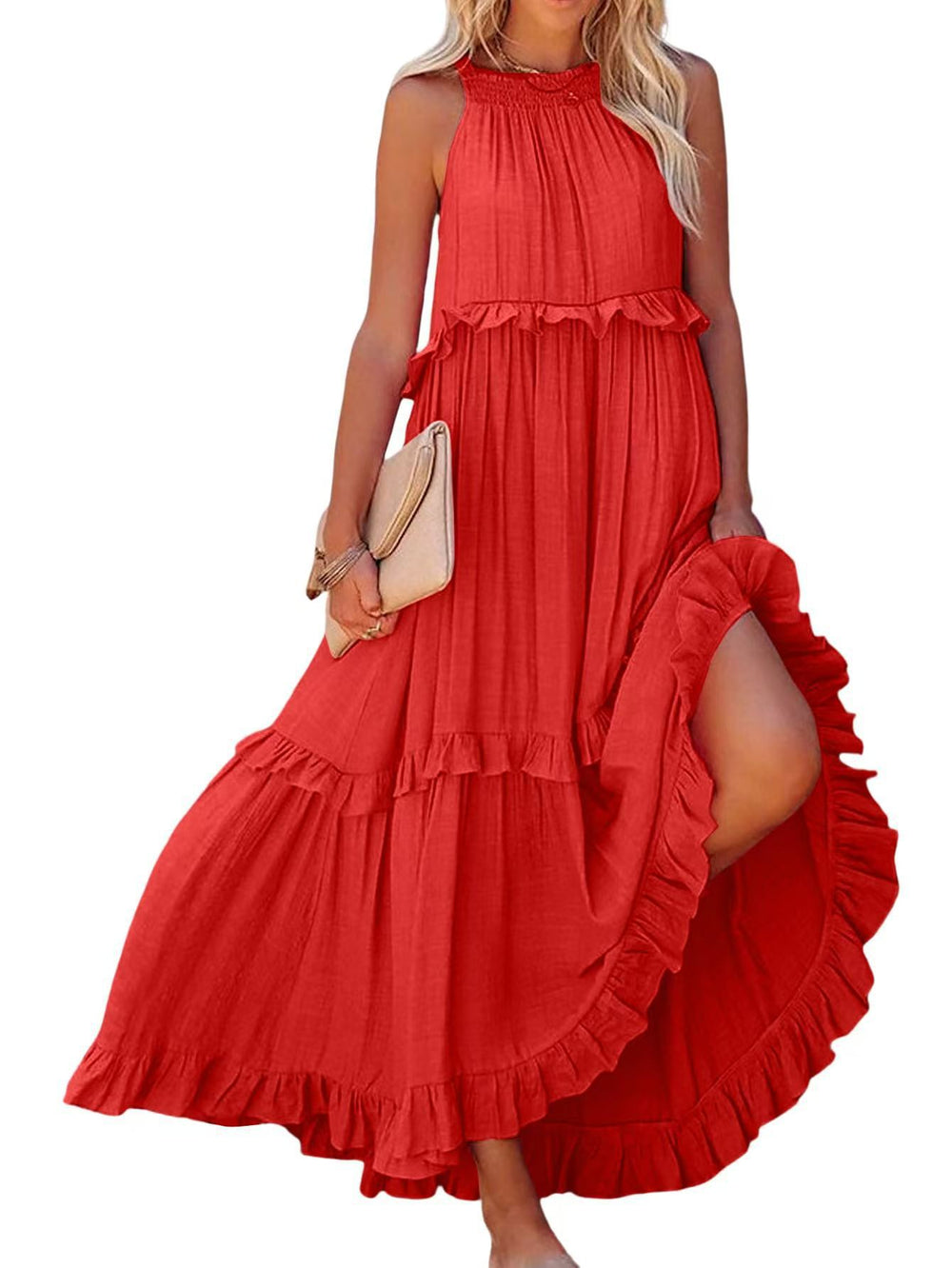 Damen Maxikleid mit Rüschendetails und luftiger Silhouette R&B