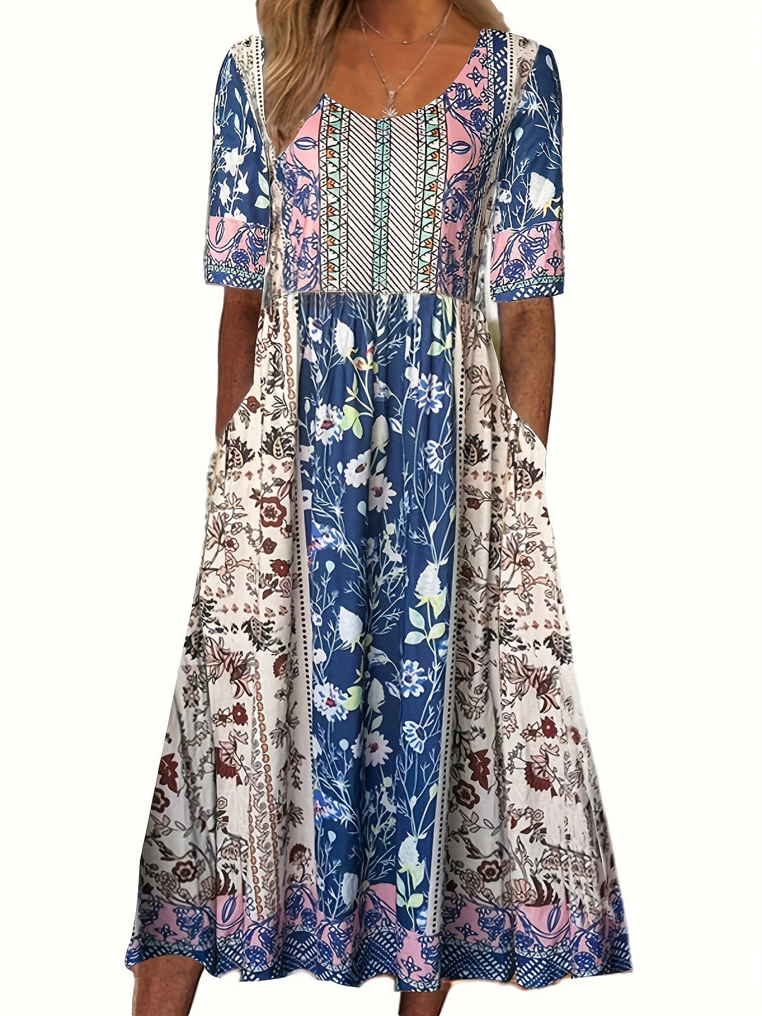 R&B | Rundhalsausschnitt Kurzarm Bohemian Print Kleid Frauen