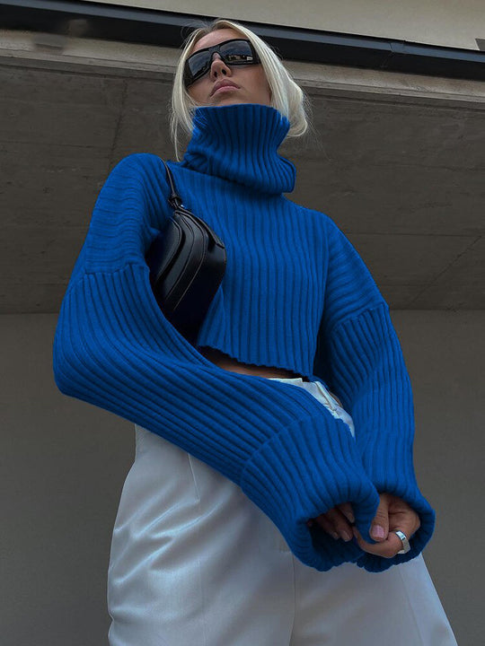Damen Chunky Strickpullover mit hohem Kragen und Rippstruktur R&B