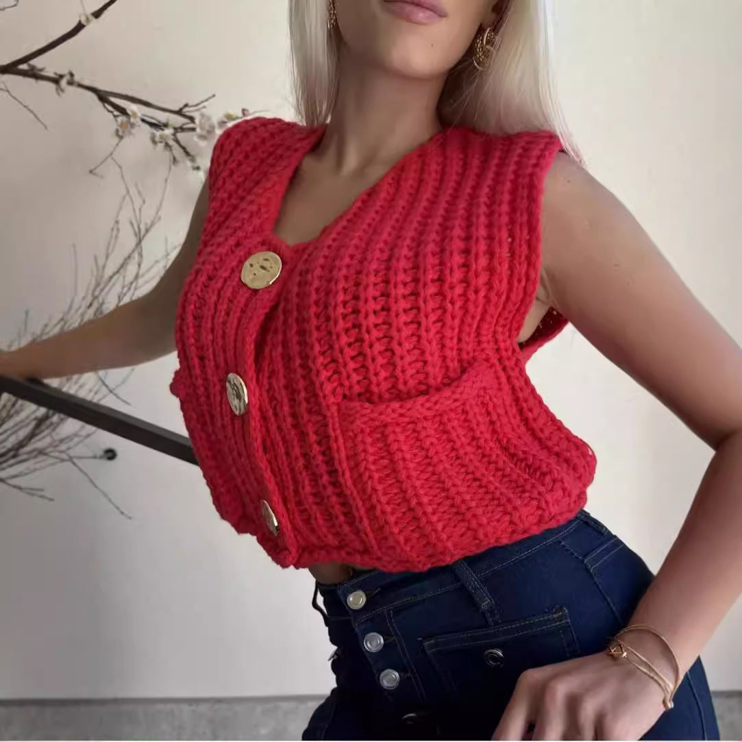 Damen Strickweste mit praktischen Taschen und dekorativen Knöpfen R&B