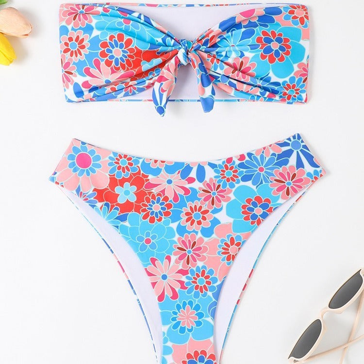 Damen Bandeau Bikini mit modischem Blumenmuster und verspieltem Knotendetail R&B
