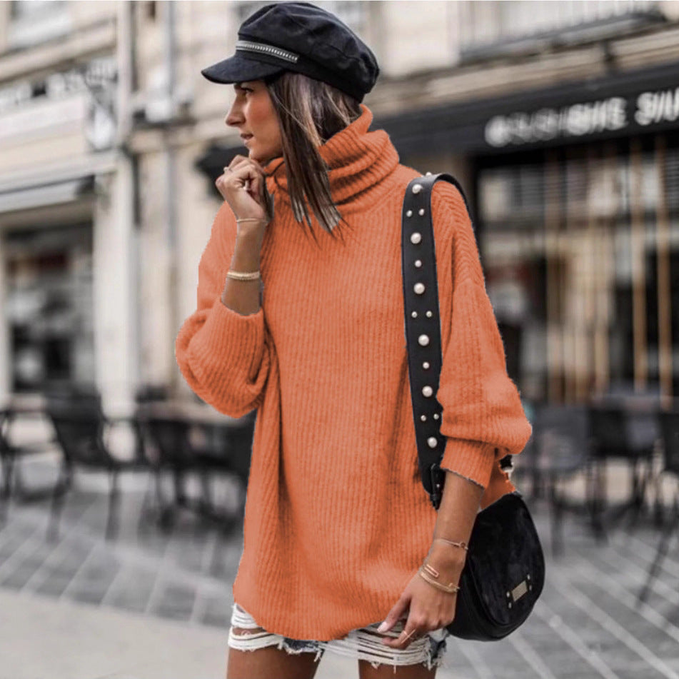 Damen oversized Strickpullover mit hohem Kragen und modischen Details R&B