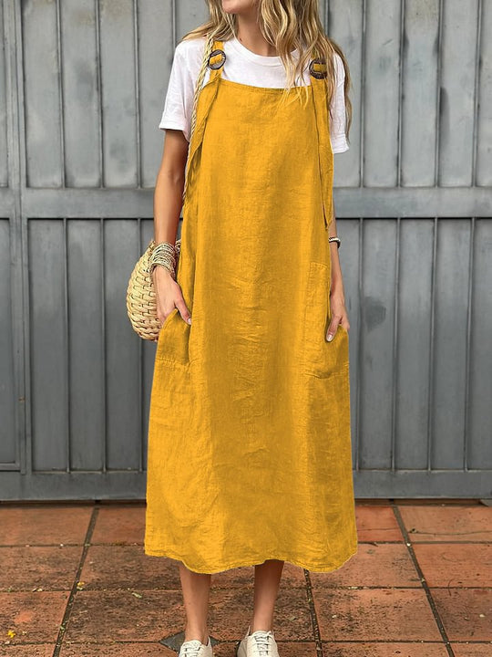 Damen Leichte Leinenkleid mit Taschen R&B