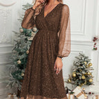 Damen Glamouröses Midikleid mit transparenten Puffärmeln und schimmerndem Paillettenmuster R&B