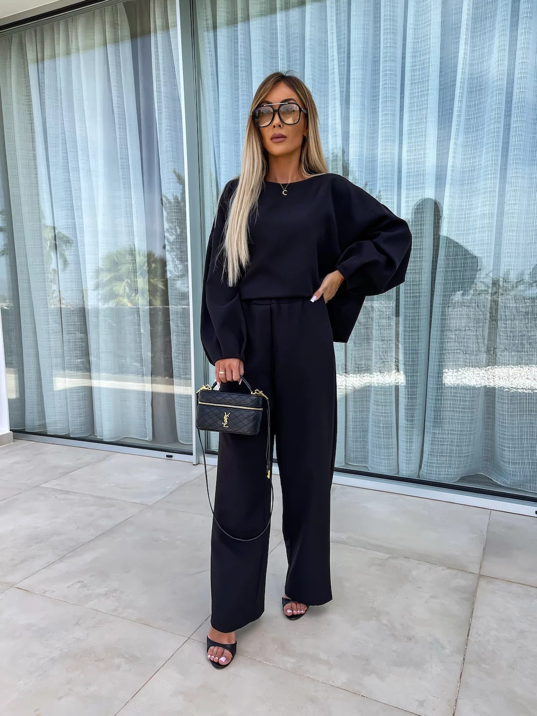 Damen elegantes Zweiteiliges Set mit oversize Bluse und weitem Hosen R&B