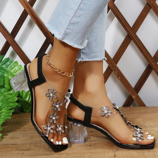 Damen Elegante Sandalen mit Blumenapplikationen und transparentem Absatz R&B
