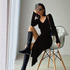 Damen Maxikleid mit elegantem V-Ausschnitt und seitlichem Schlitz R&B