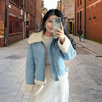 Damen modische Denimjacke mit Fellkragen und oversized Schnitt R&B