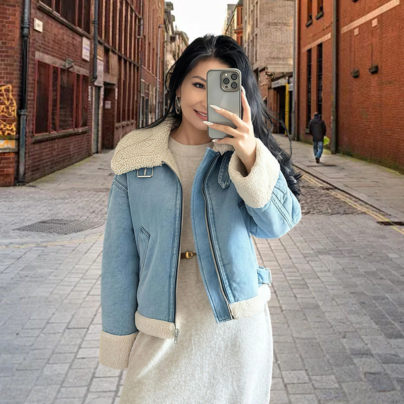 Damen modische Denimjacke mit Fellkragen und oversized Schnitt R&B